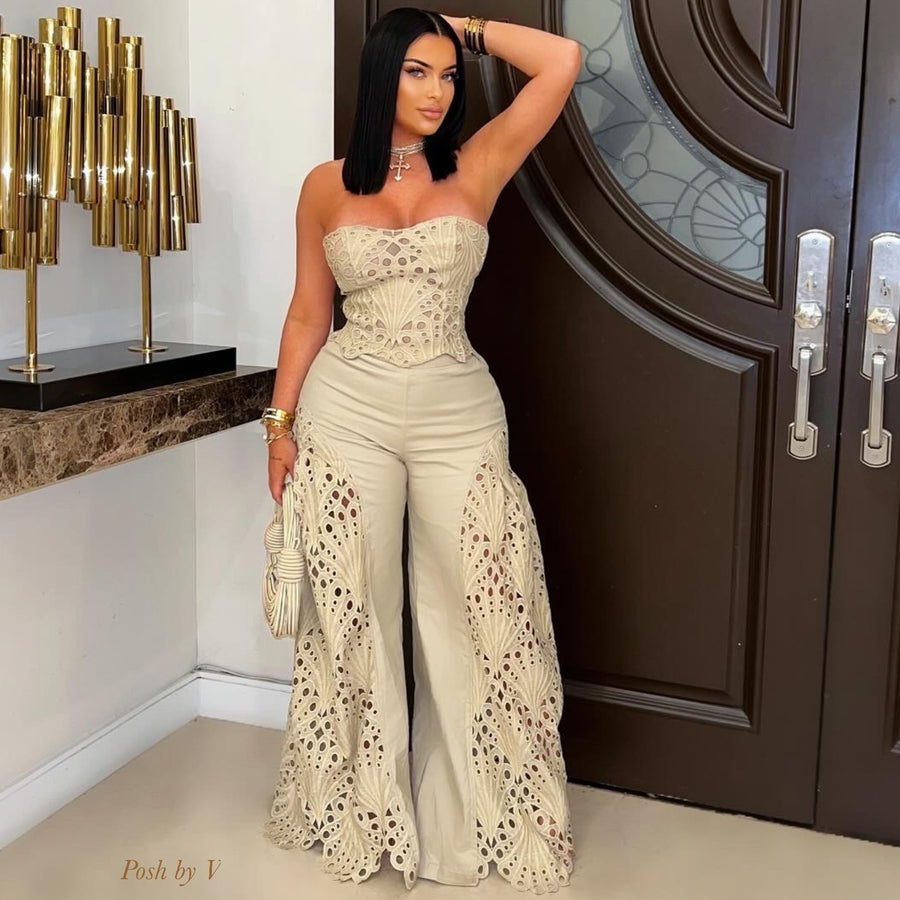 Isha embroidered pants set (Khaki)