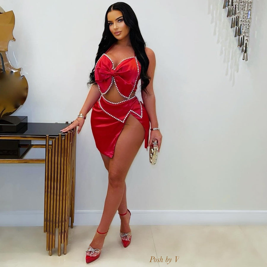 Alora bow crystal skirt set (Red/silver)
