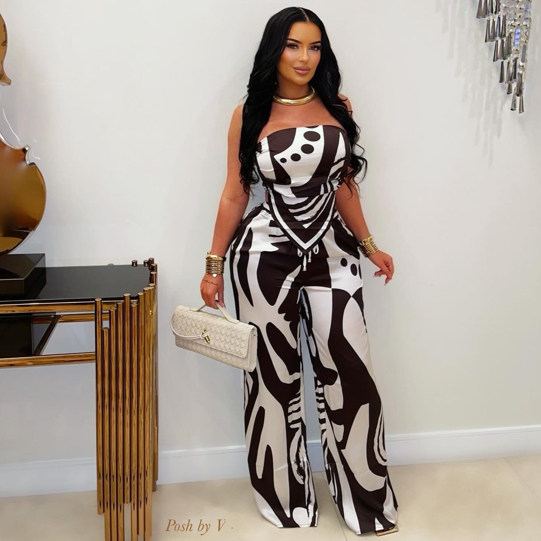 Veloz palazzo pants set (Brown/ivory)