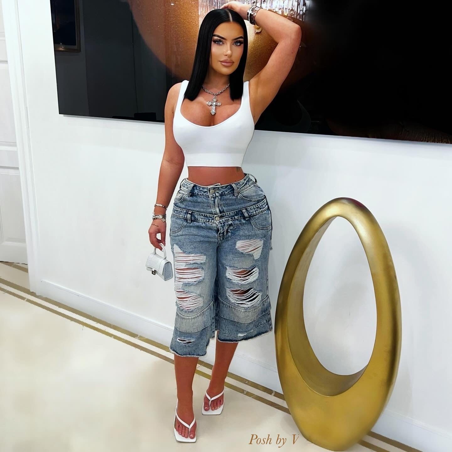 Double waist denim shorts (Blue)