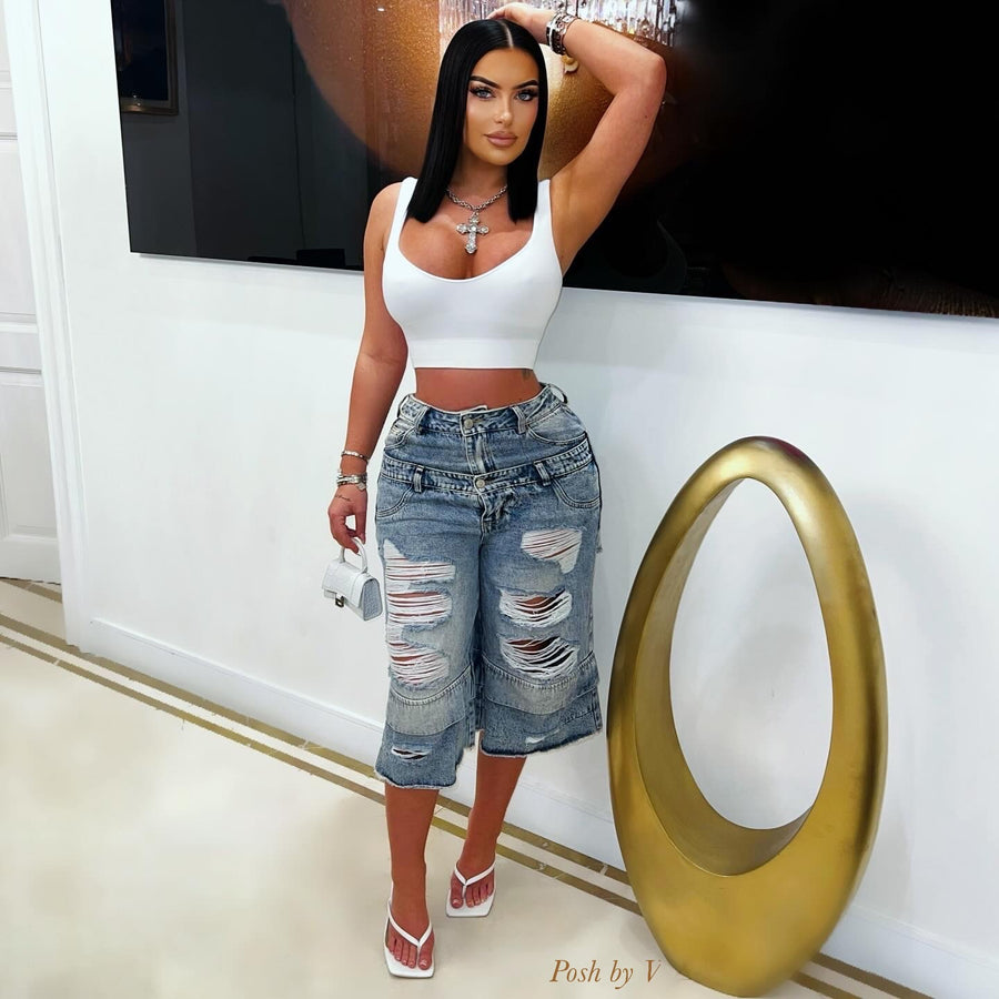 Double waist denim shorts (Blue)