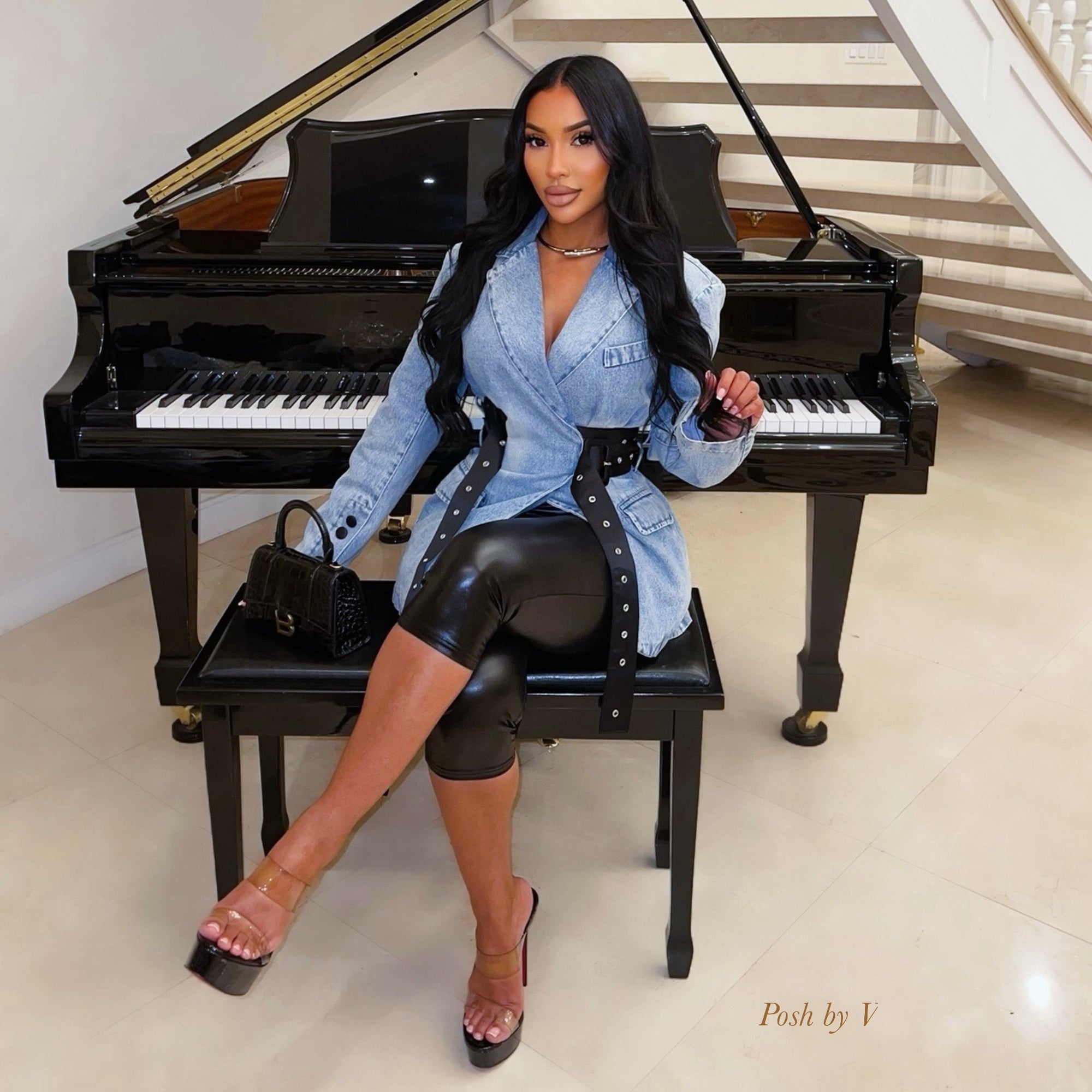 Kaliz belted blazer dress (Denim/black)