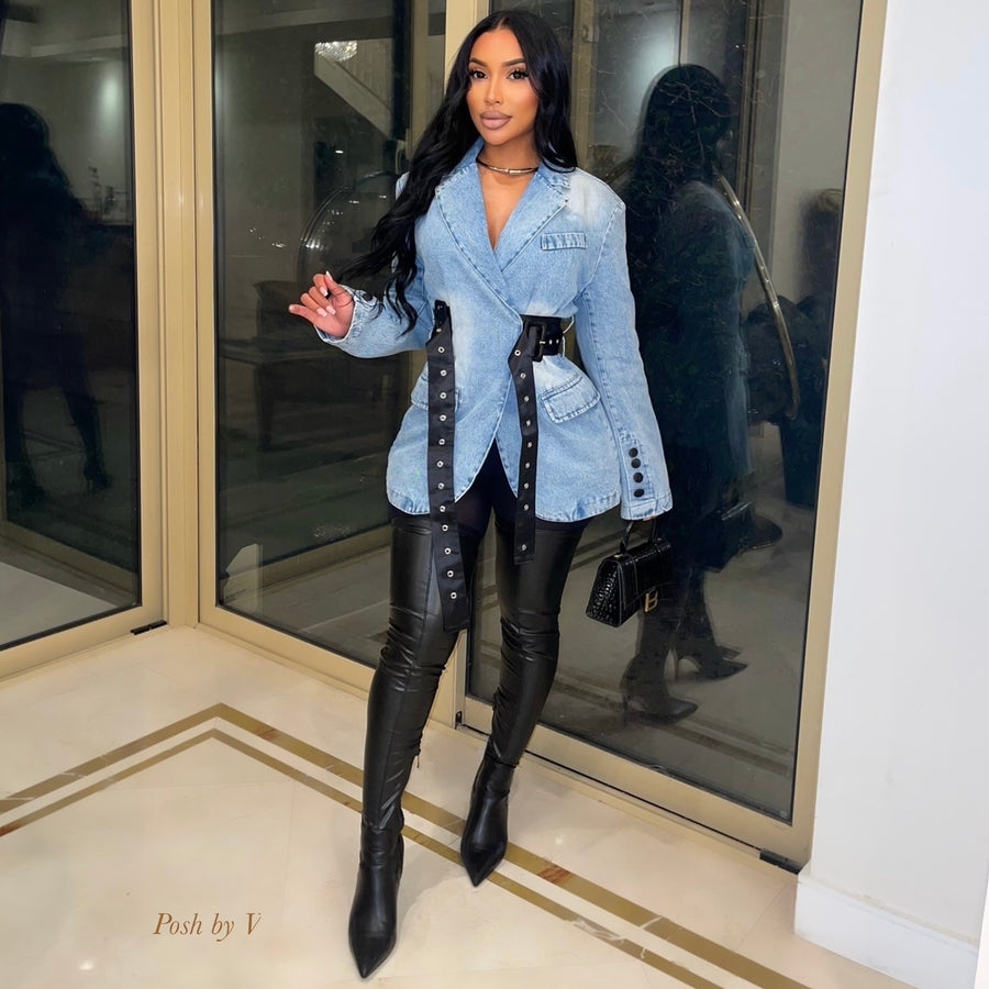 Kaliz belted blazer dress (Denim/black)