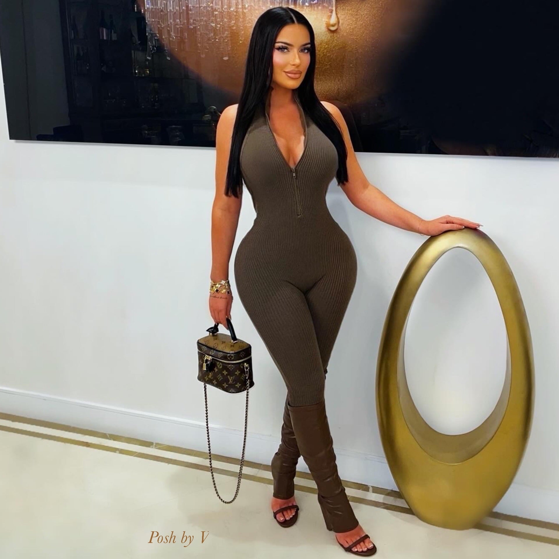 Pure rib jumpsuit (Brown)