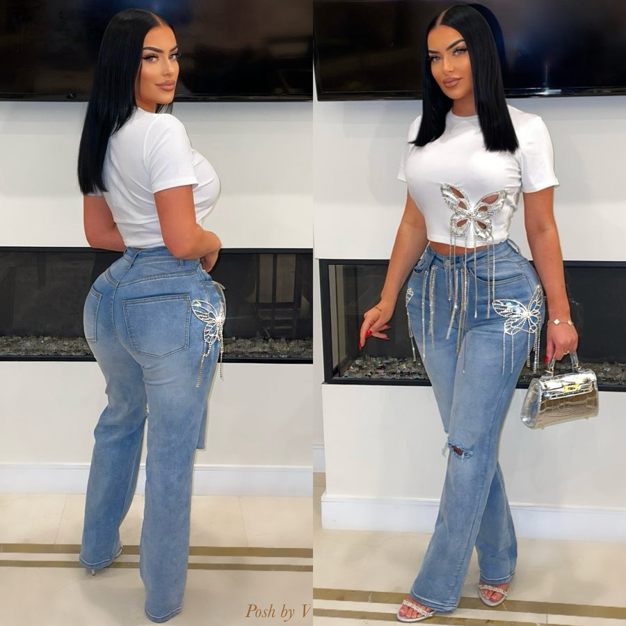 Butterfly crystal jeans (Blue/silver)