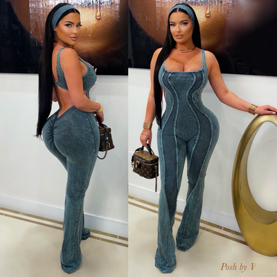 Hourglass ribbed jumpsuit w/headband (Pink)
