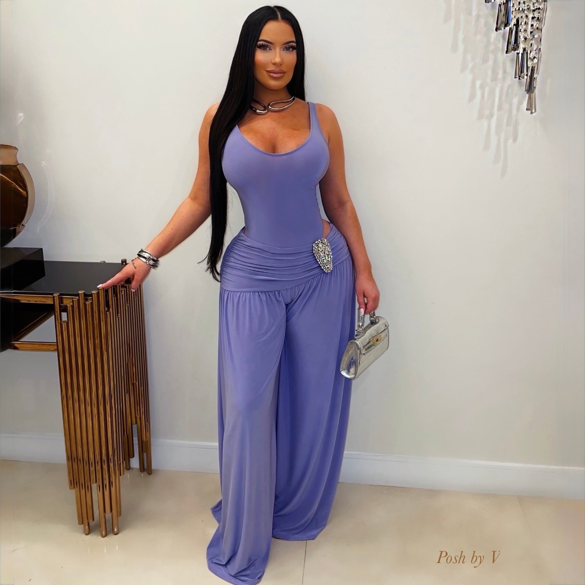 Gore palazzo pants set (Purple)