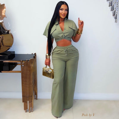 Tirien linen pants set (Olive green)