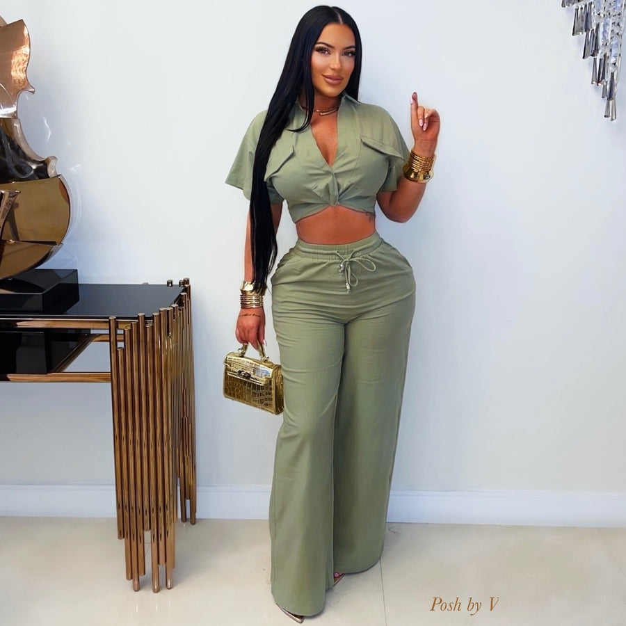 Tirien linen pants set (Olive green)