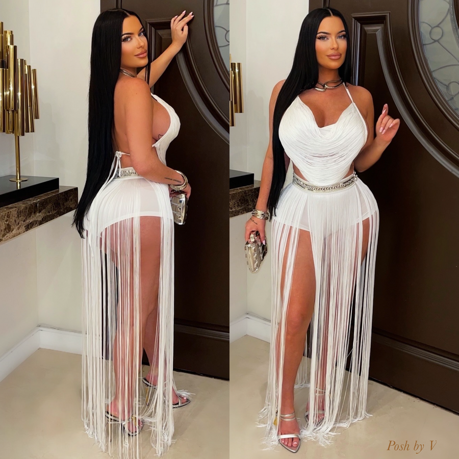 Vine resort fringe skirt set (White)
