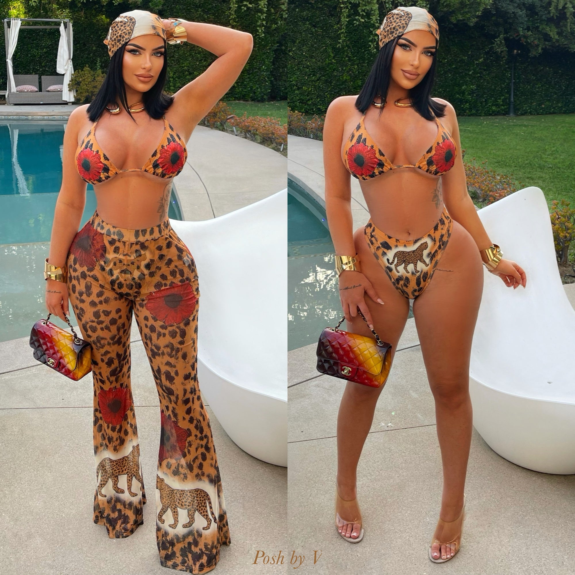 Wild flower 4pcs bikini pants set (Brown/red)