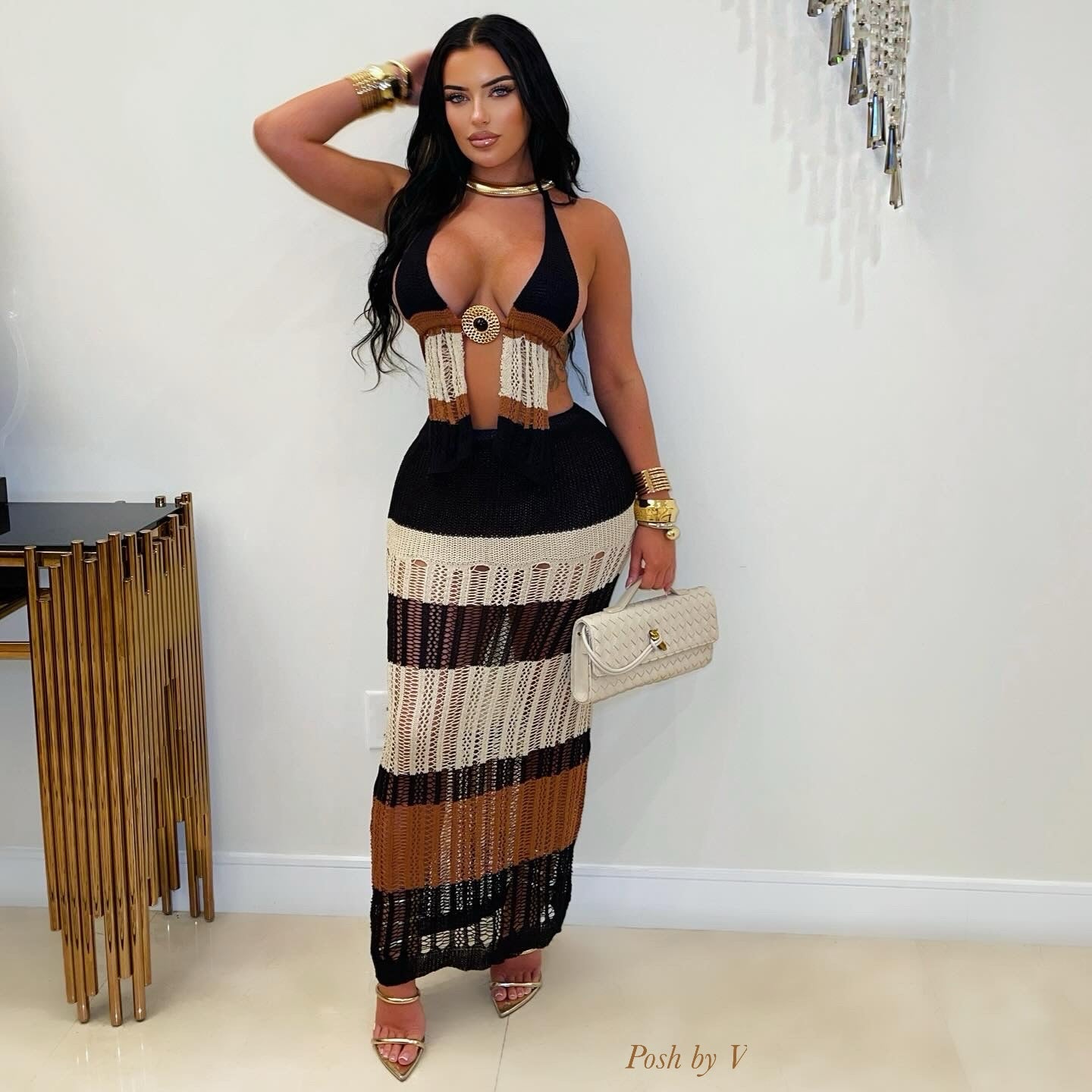 Havana crochet skirt set (Brown/beige/black)