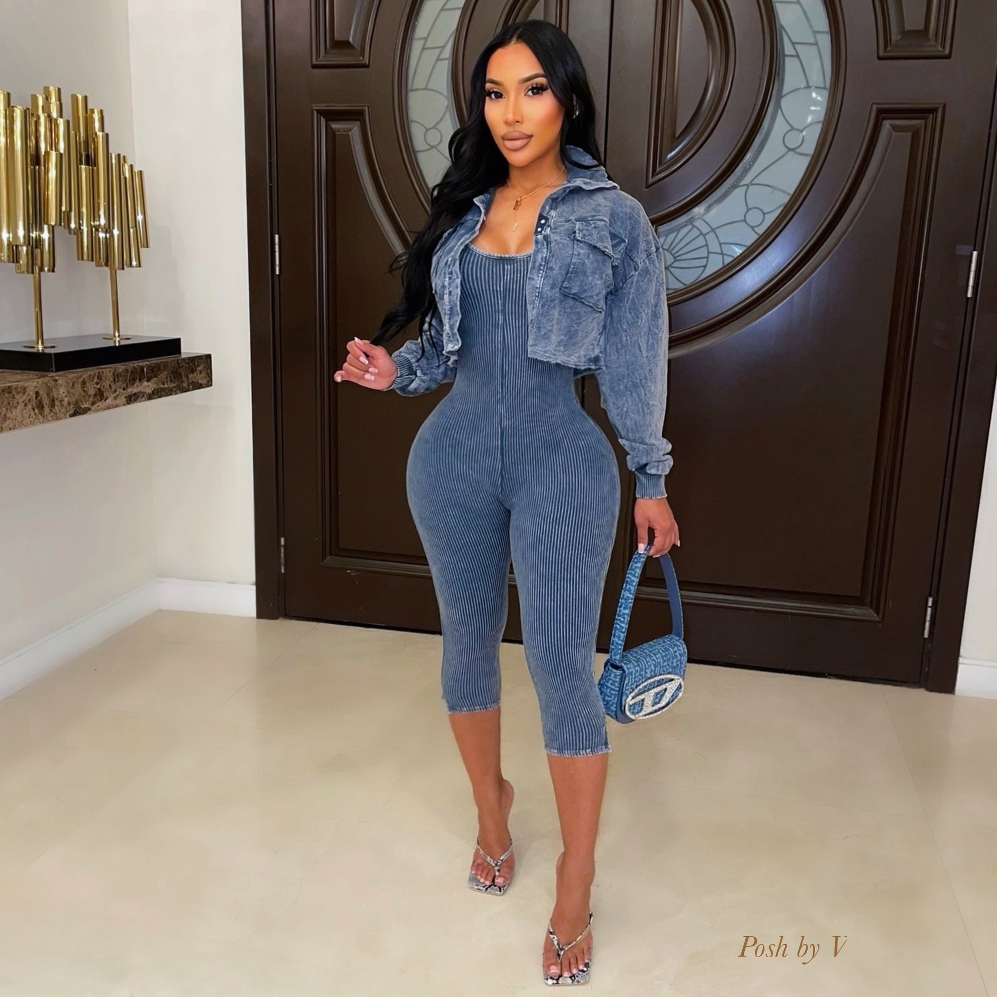 Evian rib jumpsuit set (Blue)