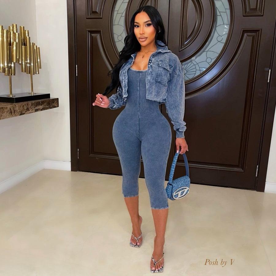 Evian rib jumpsuit set (Blue)