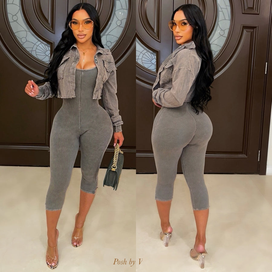 Evian rib jumpsuit set (Olive)