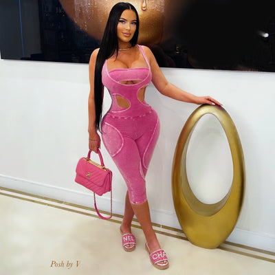 Demi cut out ribbed romper (Pink)