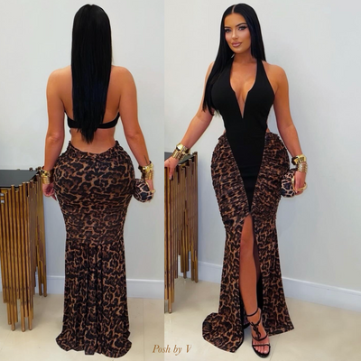 Vene luxe ruched dress (Black/leopard)