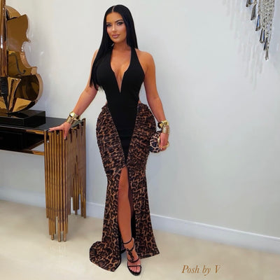 Vene luxe ruched dress (Black/leopard)