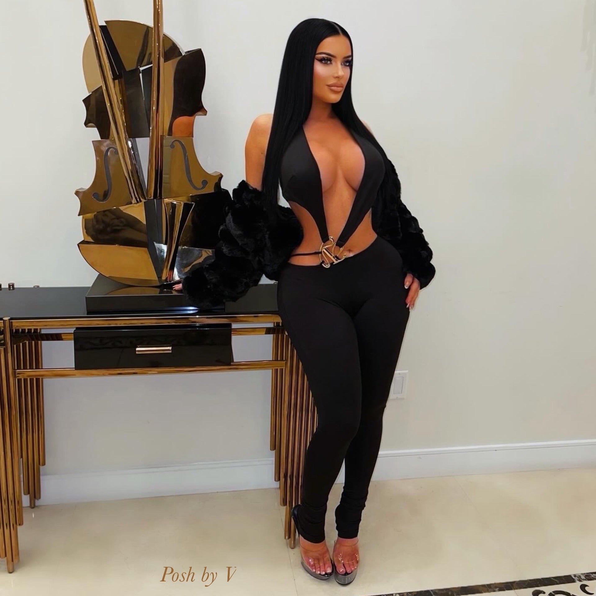 Polish caged jumpsuit (Aqua/gold)