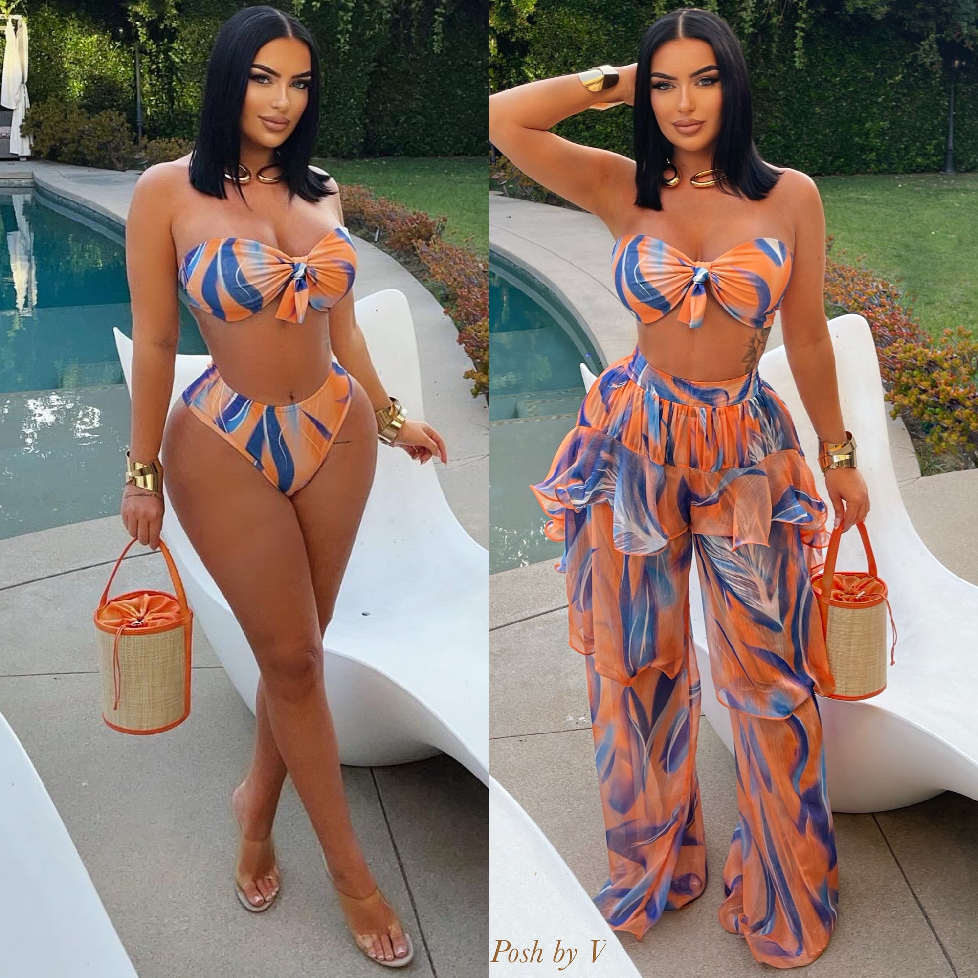 Lisse bikini 3 pcs palazzo set (Orange/blue)