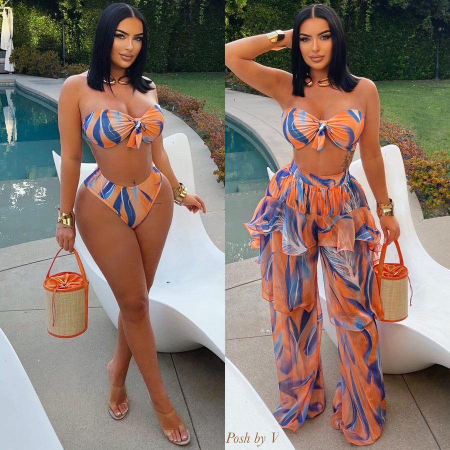 Lisse bikini 3 pcs palazzo set (Orange/blue)