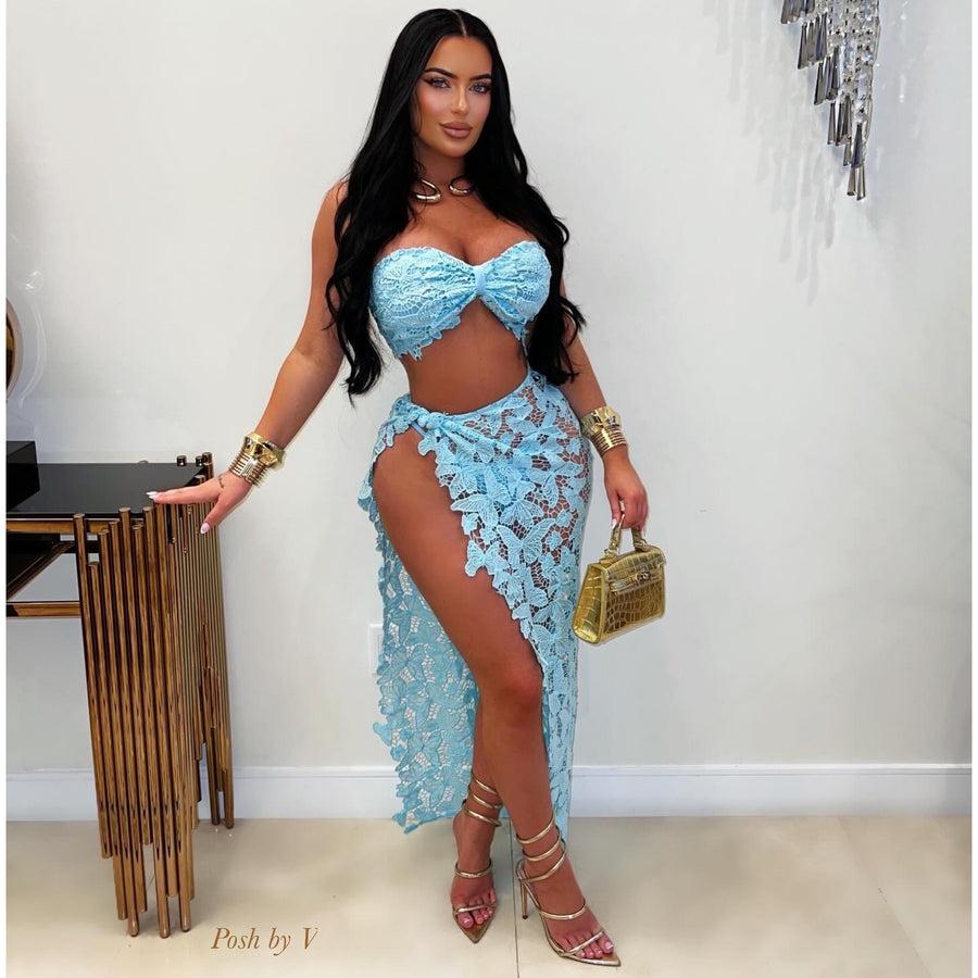 Oasis embroidered 3pcs skirt set (Sky blue)