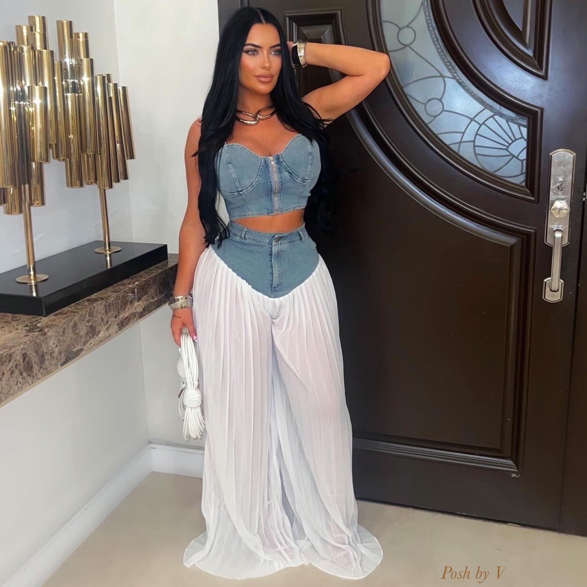 Sheer denim palazzo pants set (Blue/white)