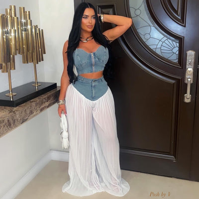 Sheer denim palazzo pants set (Blue/white)