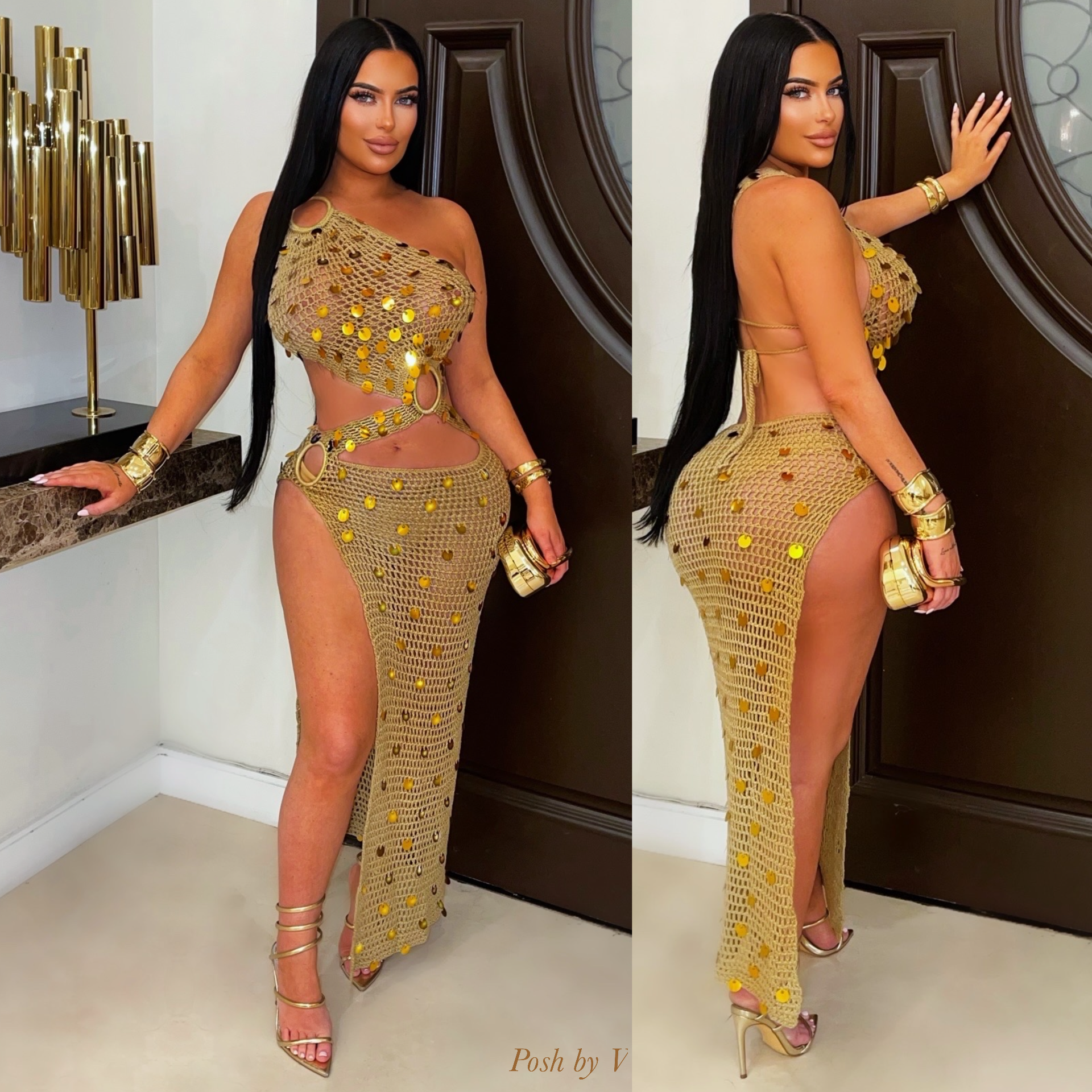 Nurela crochet glam dress (Mocha/gold)