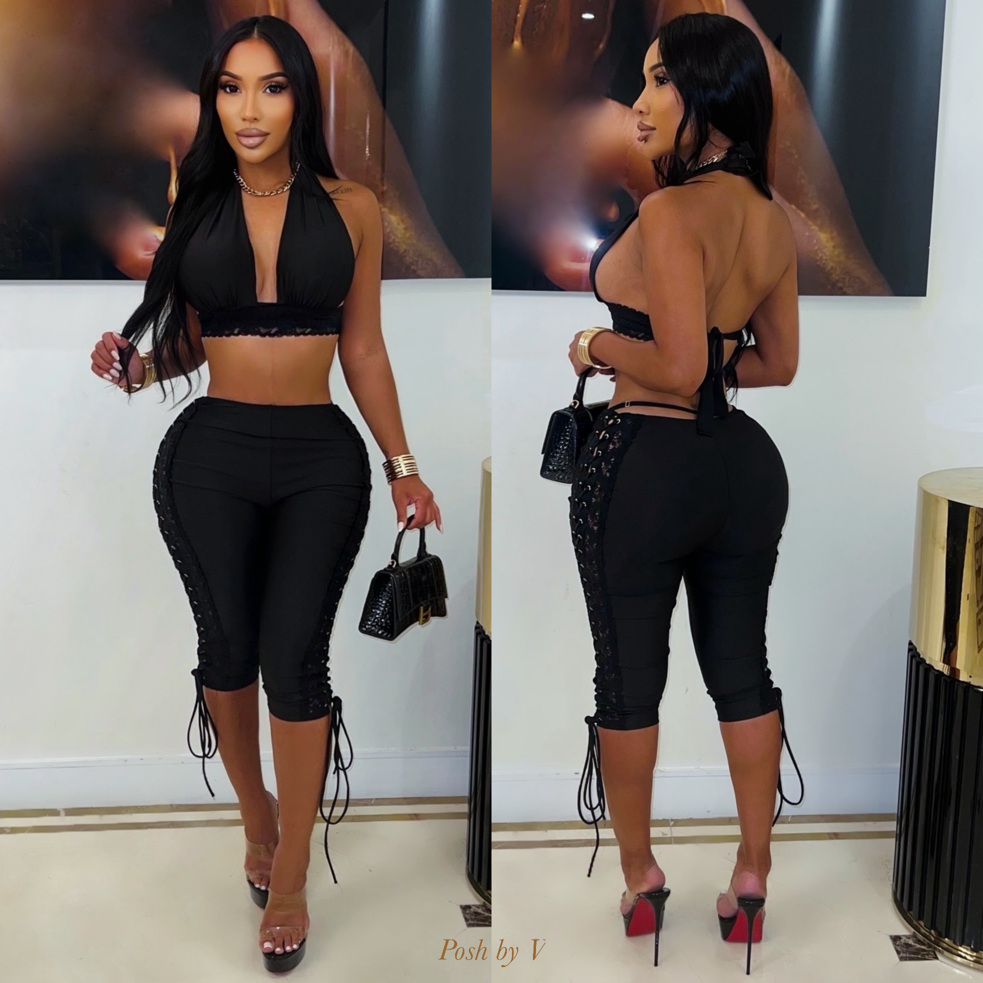 Colise laced capri leggings set (Black)