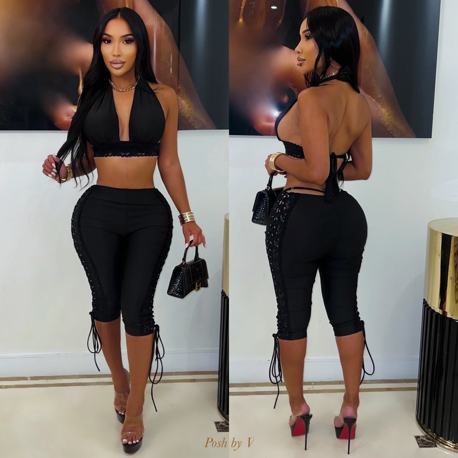 Colise laced capri leggings set (Black)