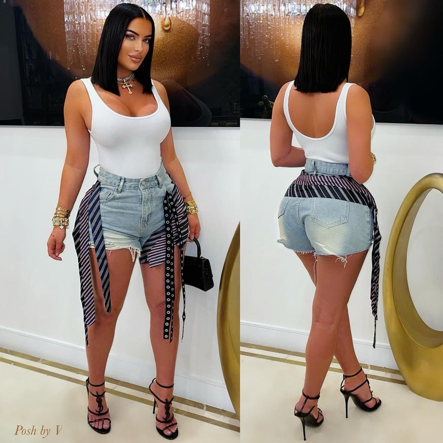 Tie vibe denim shorts (Blue multi)