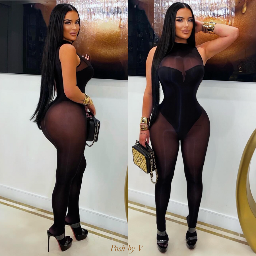 Body gloss sleeveless jumpsuit (Black)