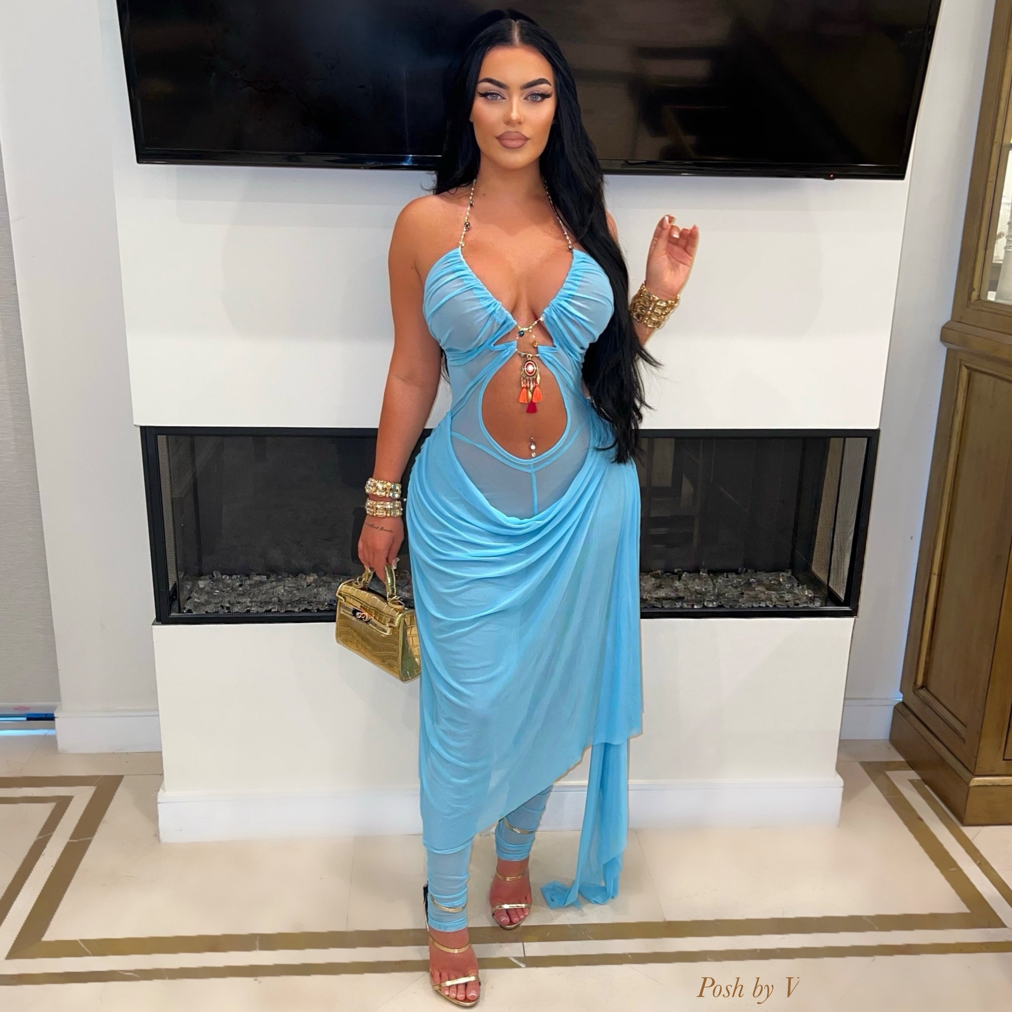 maxi dress cleavage Kliou Shiny Spaghetti Strap Maxi Dress Women