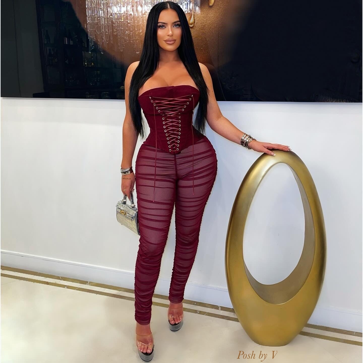 Misty corset ruched leggings set (Burgundy)