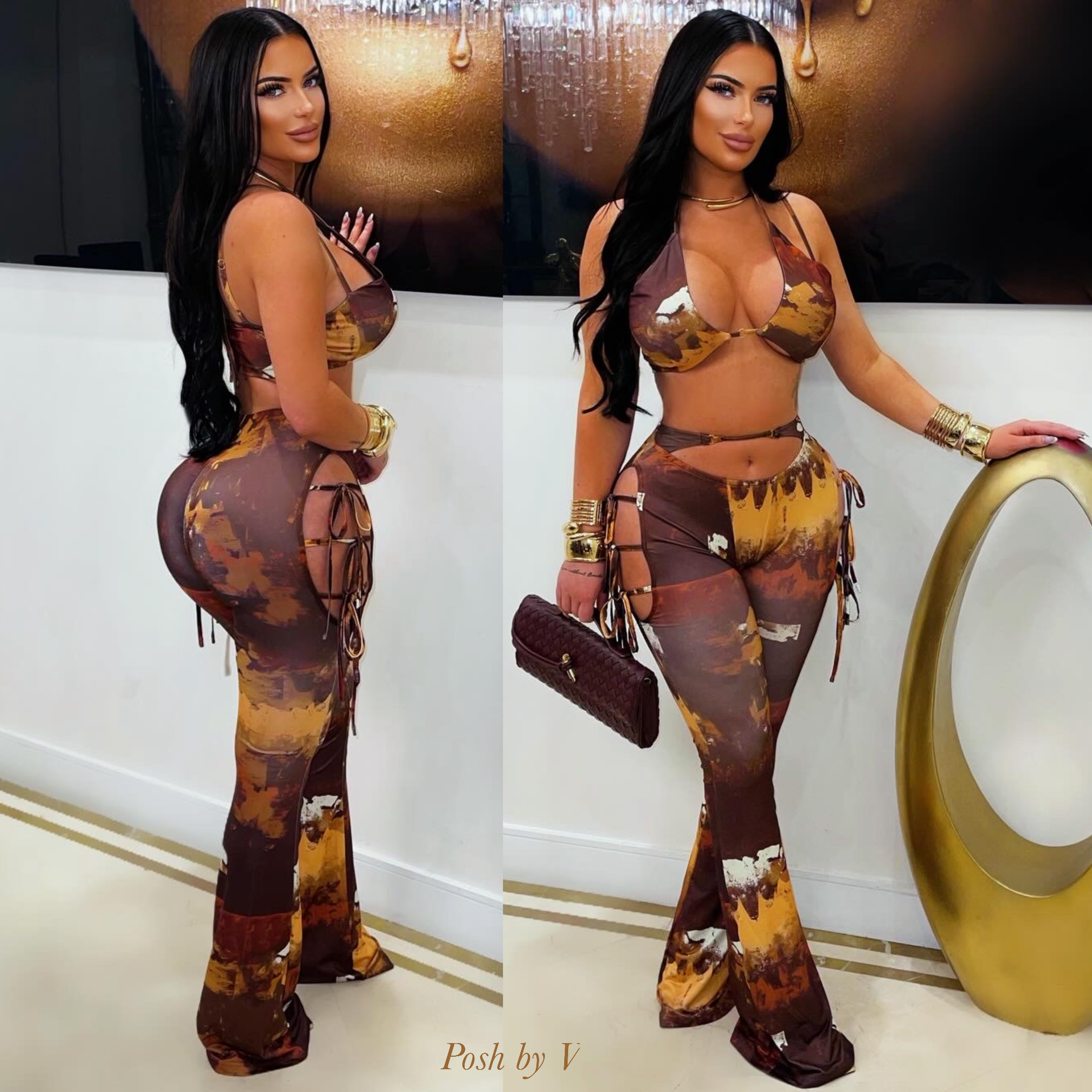 Nelle tied pants set (Brown multi)
