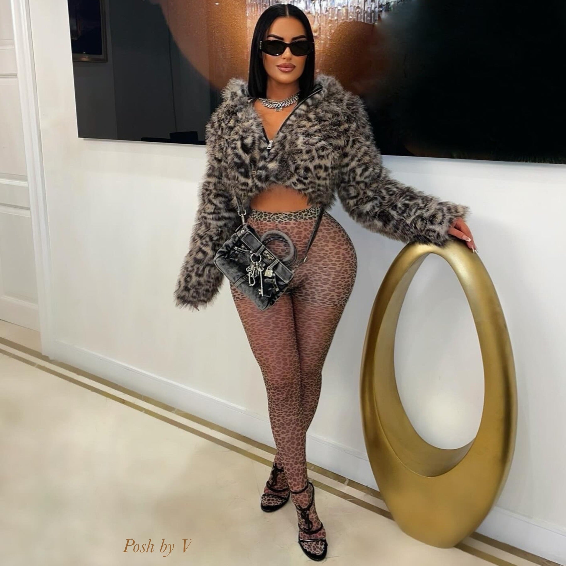 Ash leopard fur jacket (Black/nude)