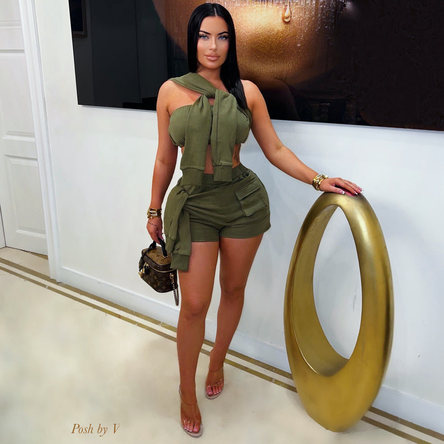 Pia sweater wrap shorts set (Olive)