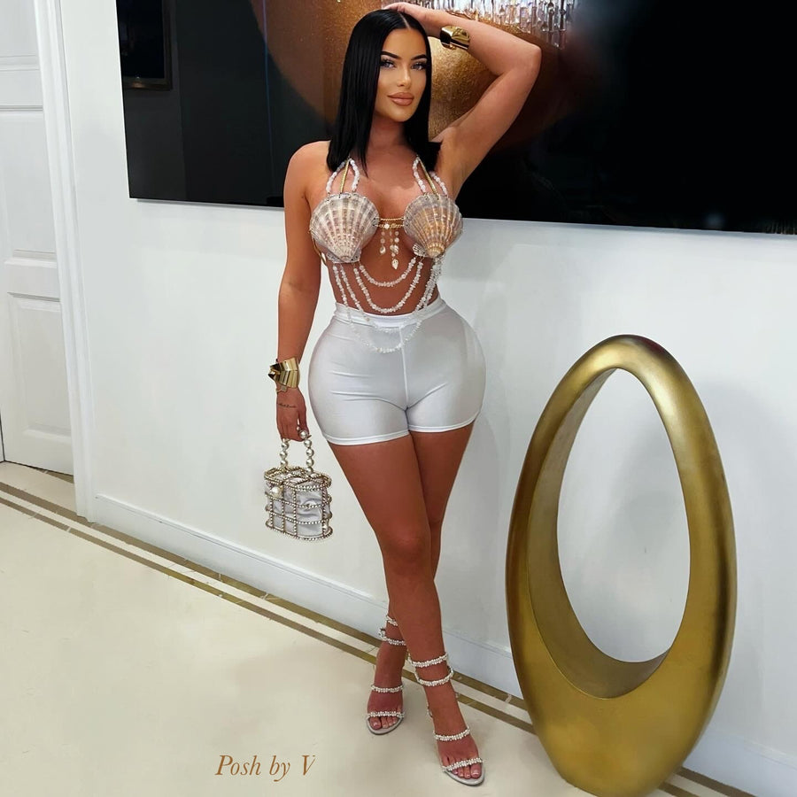 Sea shell chain shorts set (White/nude)