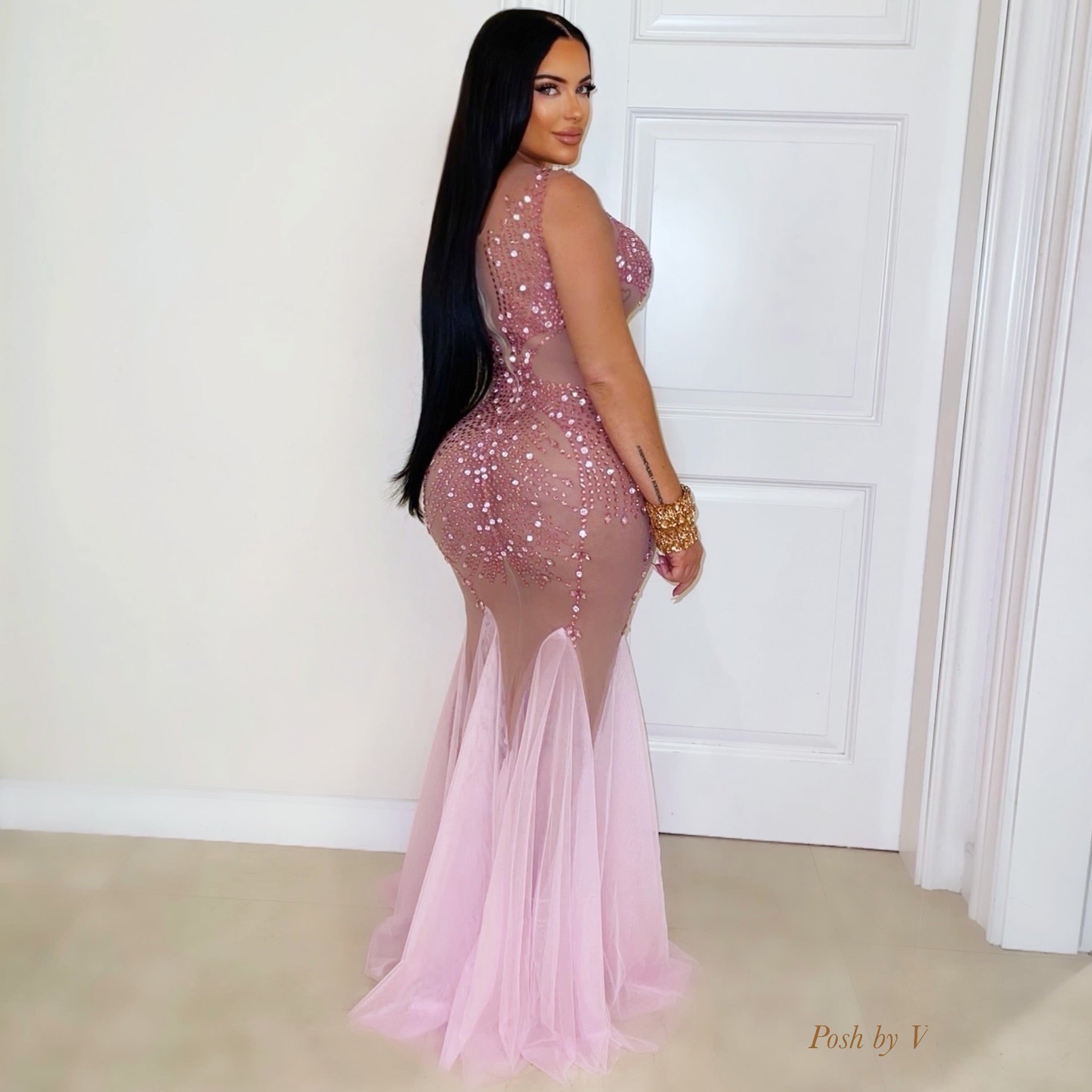 Lora crystal gown w/cape (Pink)
