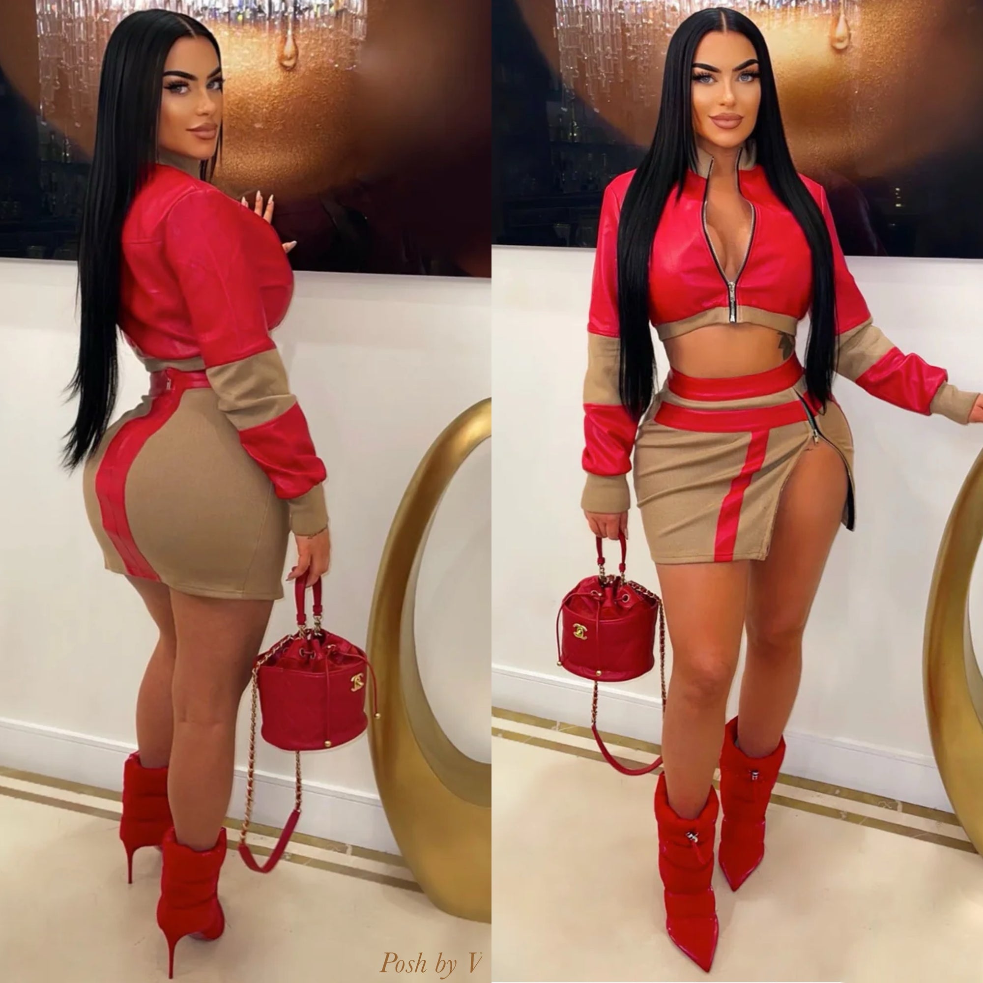 Luesa bomber skirt set (Red/nude)