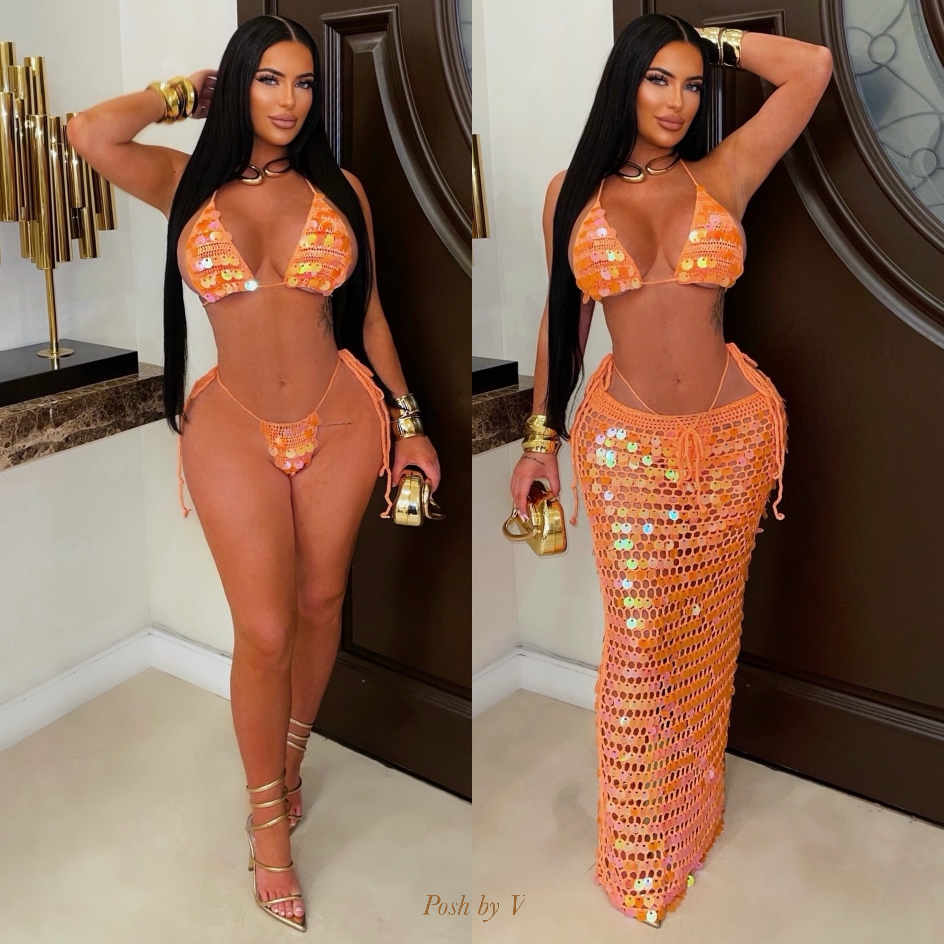 Trophy glam 3pcs bikini skirt set (Orange)