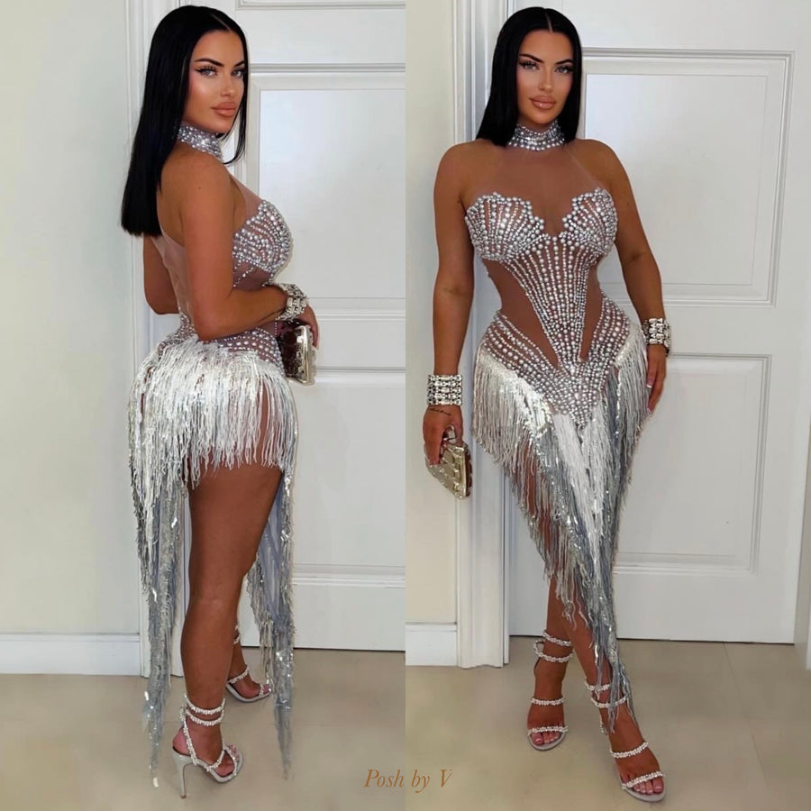 Pearl goddess fringe dress (White/nude)