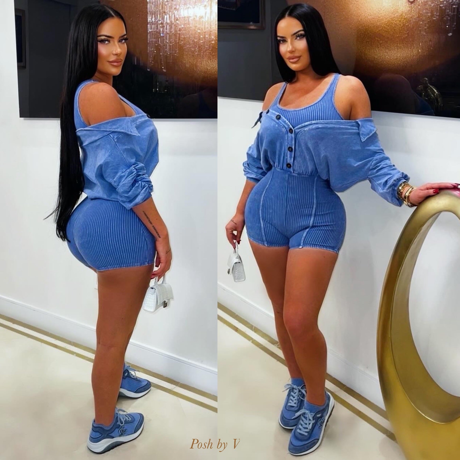 Lina rib shirt romper (Black)