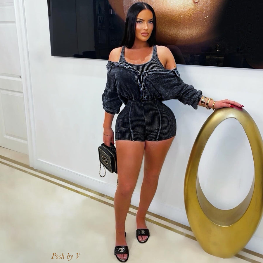 Lina rib shirt romper (Black)