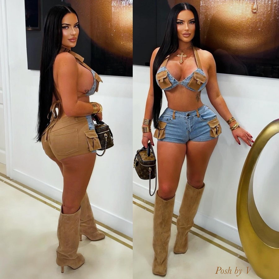 Reo denim shorts set (Blue/camel)