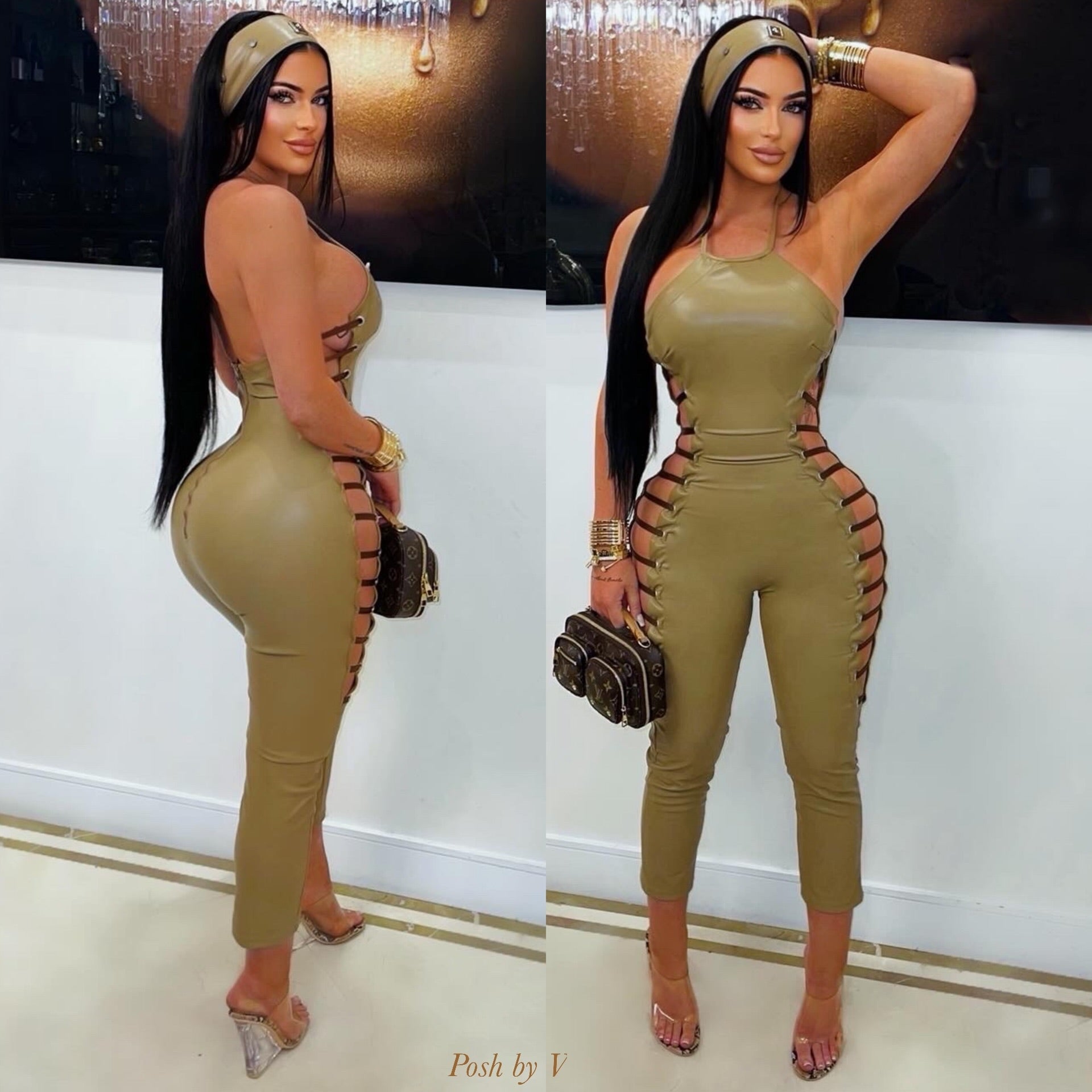 Vore caged jumpsuit w/headband (Nude/brown)