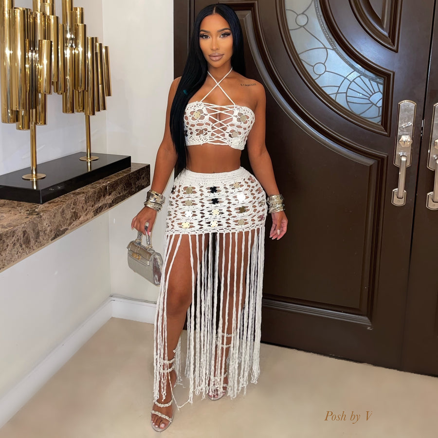 Azure crochet glam skirt set (White/silver)