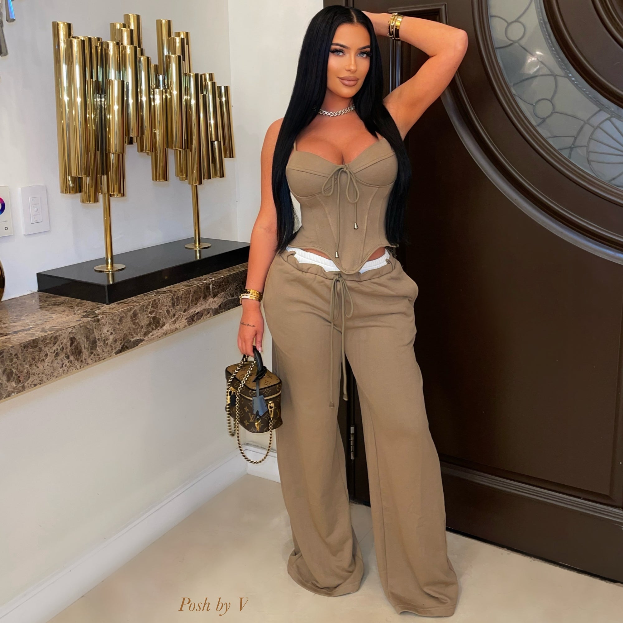 Sola corset lounge pants set (Taupe/white)