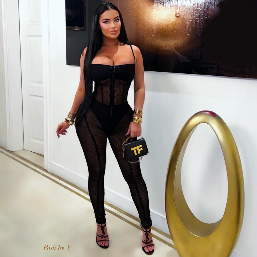 Taye caged jumpsuit w/headband (Black)